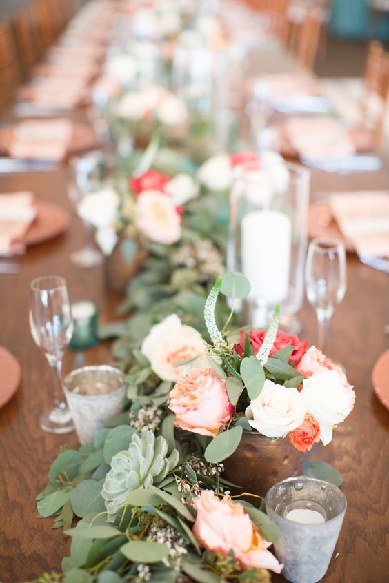long coral and greenery wedding centerpiece