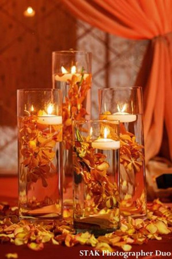 fall wedding centerpieces orange color roses wooden decormatt