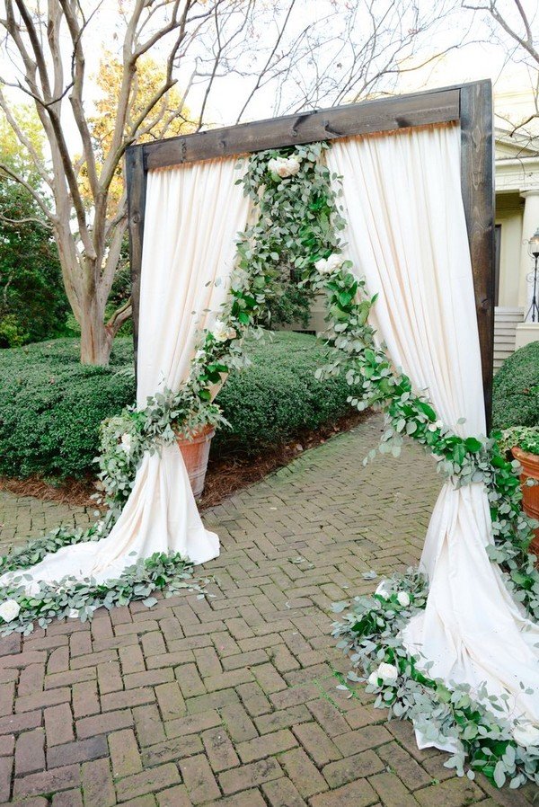 Green Floral Garland and Ivory Draping Wedding Ceremony Ideas