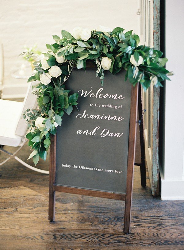 Hand lettered chalkboard with beautiful greenery wedding signs