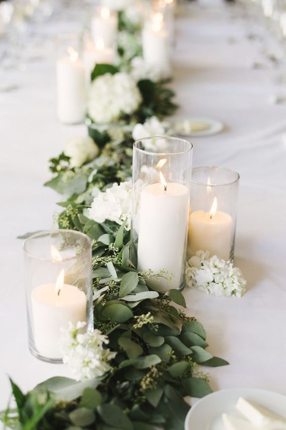 candles and seeded eucalyptus wedding table runner