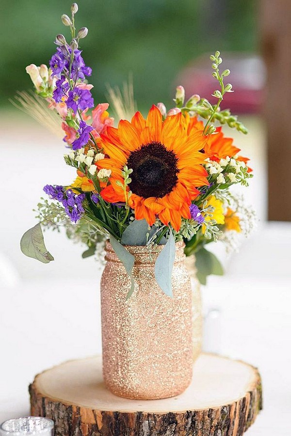 fall sunflowers and gold mason jar fall wedding centerpiece