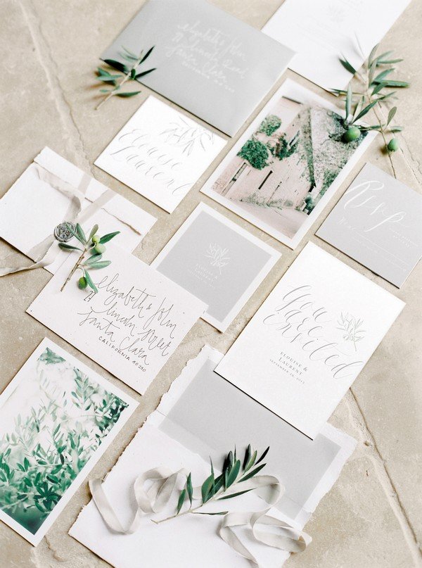 greenery and grey wedding invitations trends