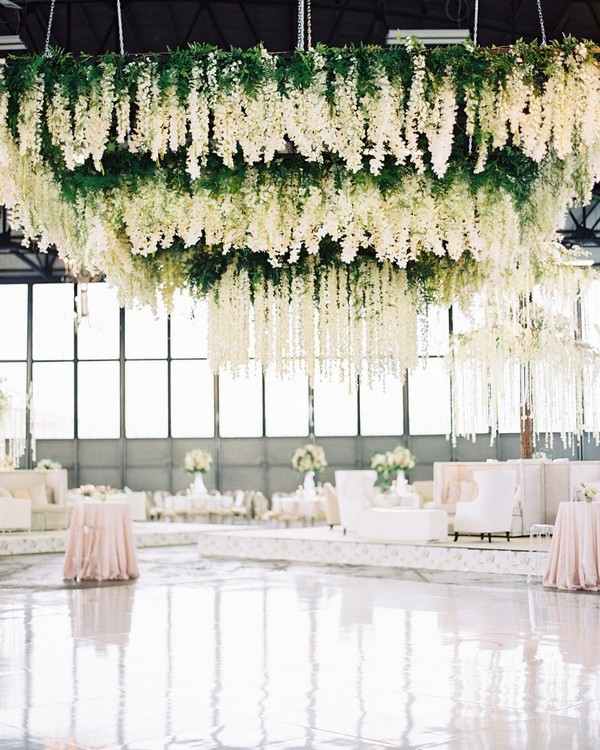 hanging white and greenery flowers wedding reception decor 24