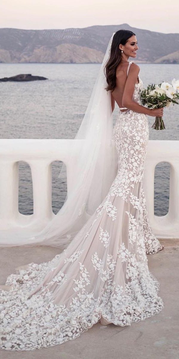 mermaid wedding dresses with straps low back floral blush with train steven khalil