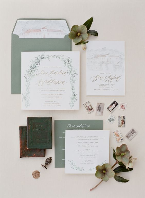 olive leaves green wedding invitation