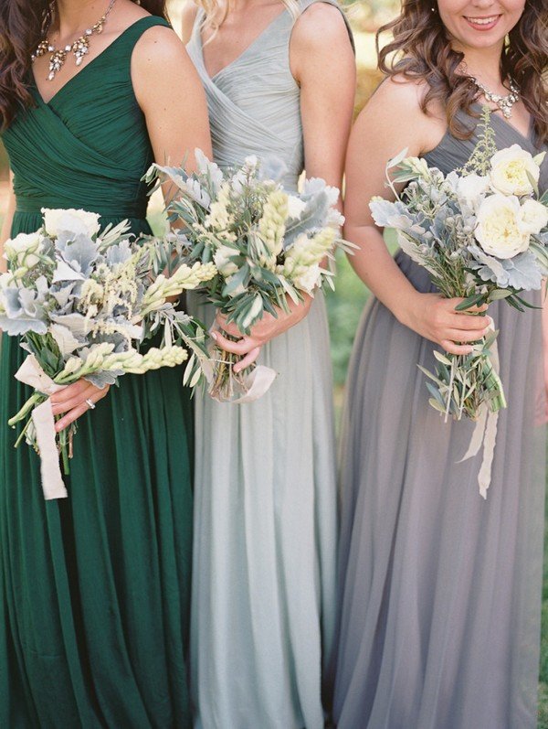 shades of green and grey bridesmaid dresses