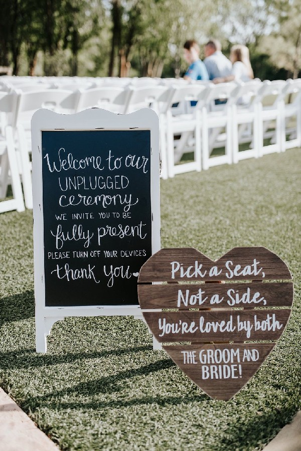 chic chalkboard wedding sign for unplugged ceremony