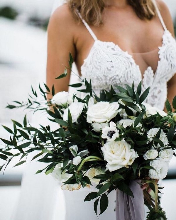 white roses and greenery wedding bouquet 2