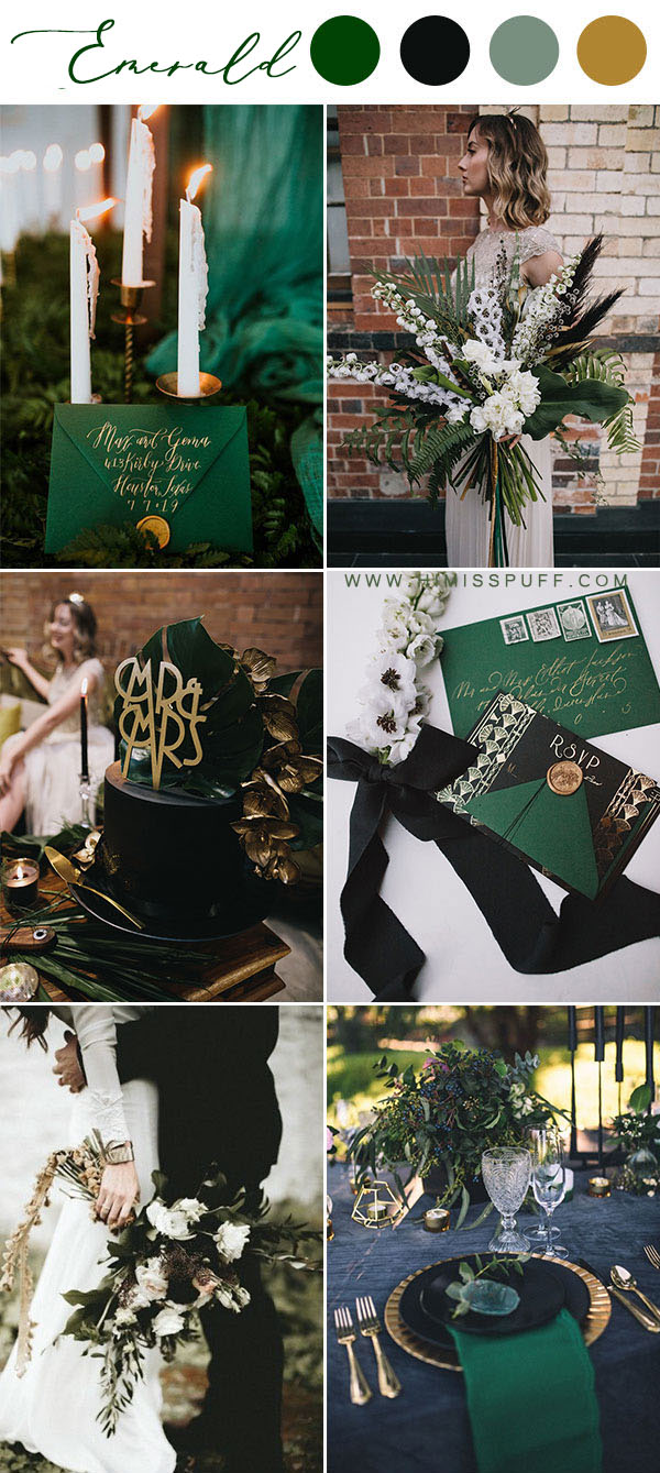 Emerald bridesmaid dresses wedding color palette black green fall winter wedding