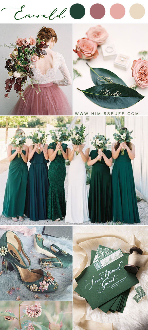 Emerald bridesmaid dresses latest wedding colours green pink color palette