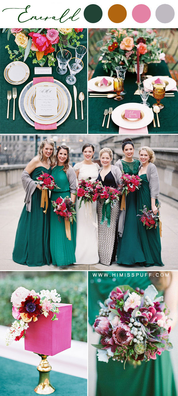 Emerald bridesmaid dresses wedding color schemes pink spring wedding color palette