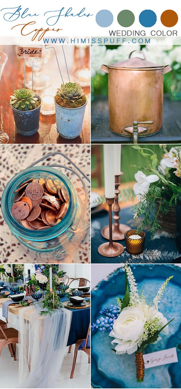 Fall creative copper wedding ideas mixed and match blue lush floral wedding table palce settings chic metallic chairs