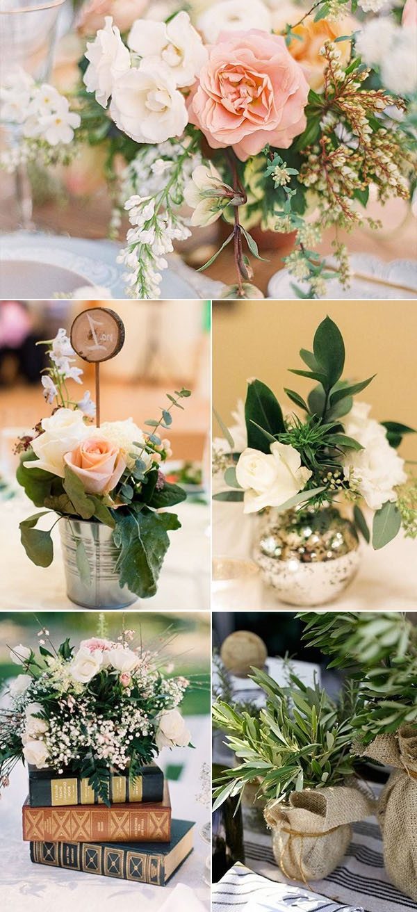 Greenery table centerpieces with book decorations pink and white flower elegant wedding decor ideas