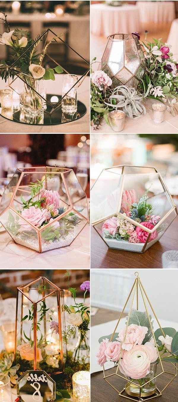 Metal geometric shape with white and pink flowers and crystal votive cups