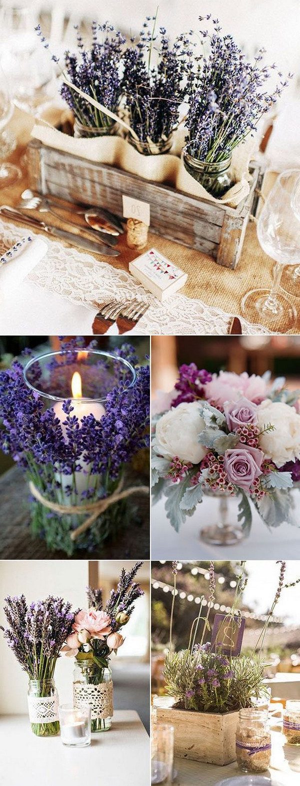 Purple rustic centerpieces glass bottle and purple flowers 2019 wedding decor trends