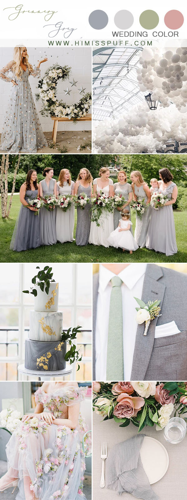 Gray mix and match bridesmaid dresses green and gray wedding color palette