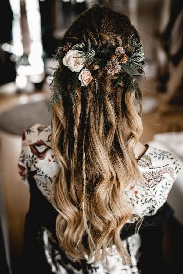 boho chic fall half up half down wedding hairestyles with flowers