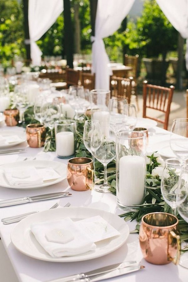 copper white and greenery wedding centerpiece ideas