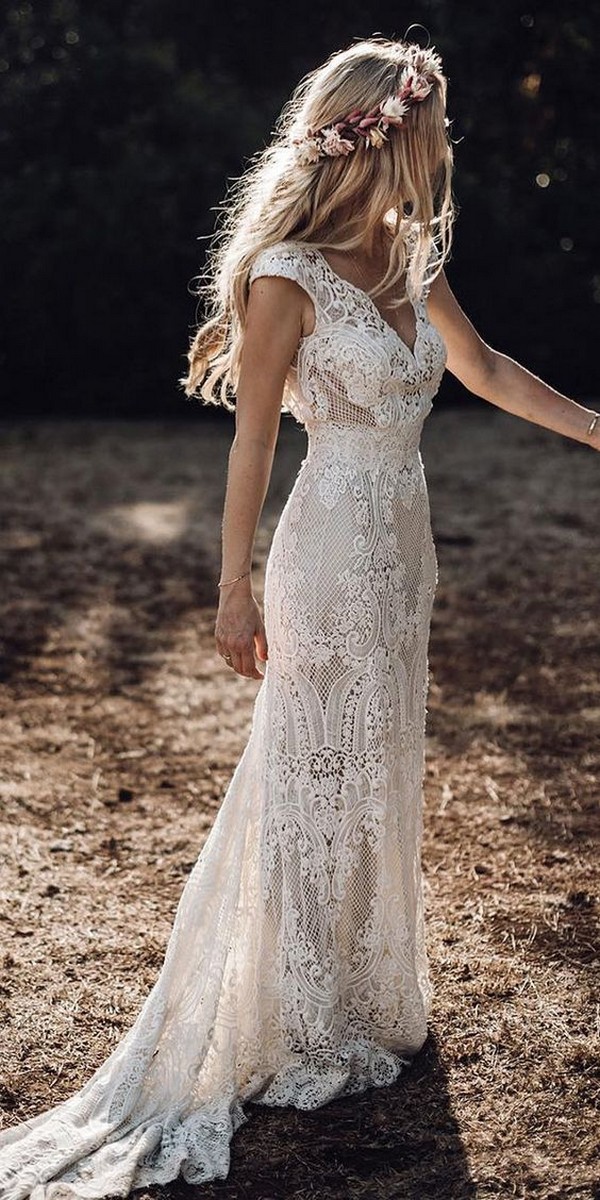 country lace v neck wedding dress