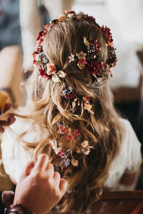 half up half down wedding hairstyle with fall flowers