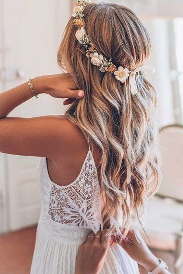 half up half down wedding hairstyles with flower crown