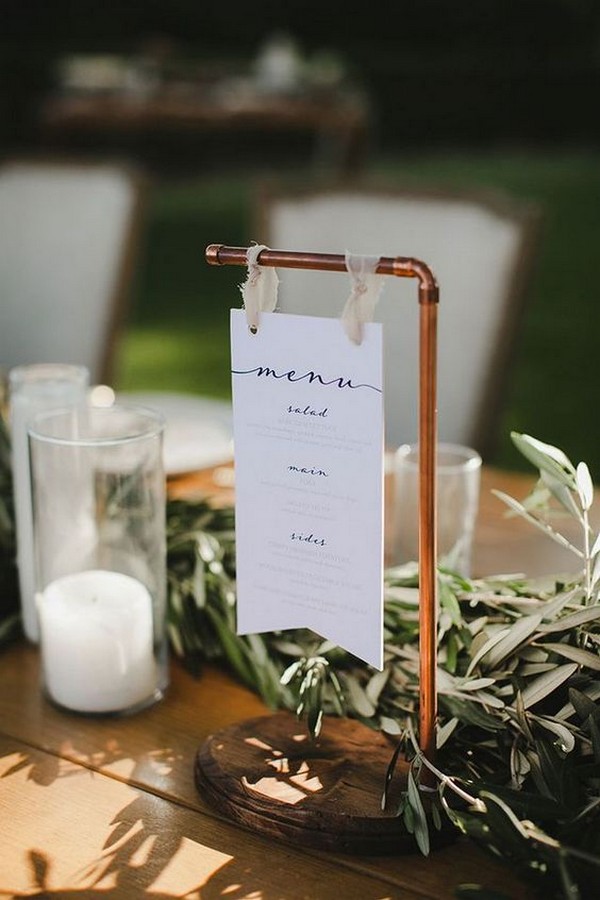 hanging wedding menu sign ideas with copper pipe