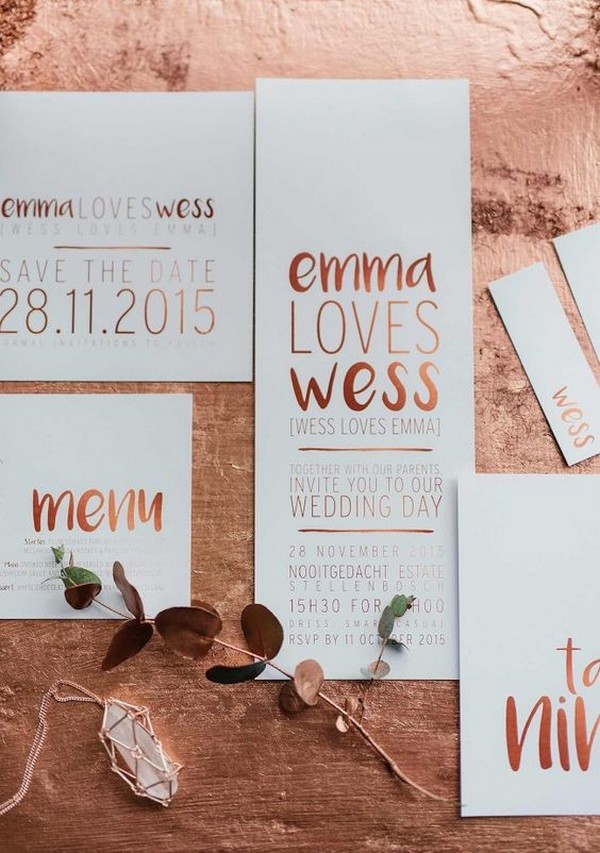 metallic copper wedding invitations