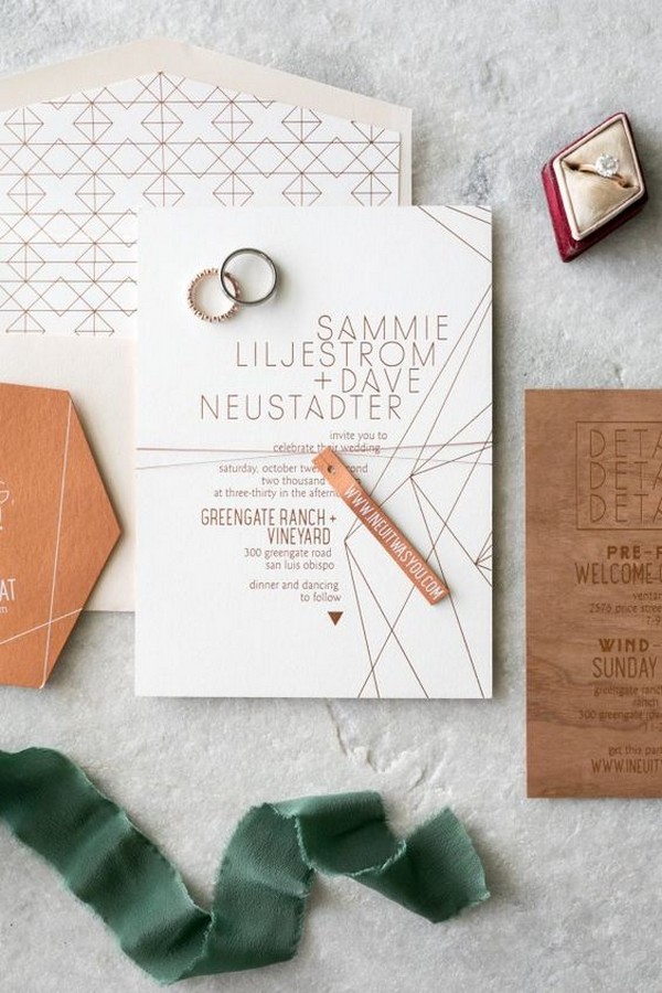 modern copper foil wedding invitations