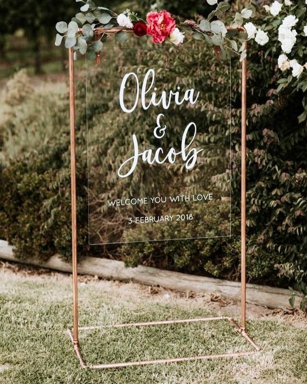 outdoor acrylic wedding sign ideas with copper stand