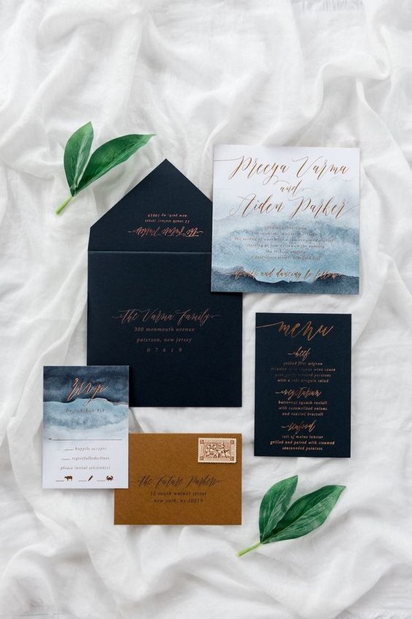 shades of blue and copper foil wedding invitations