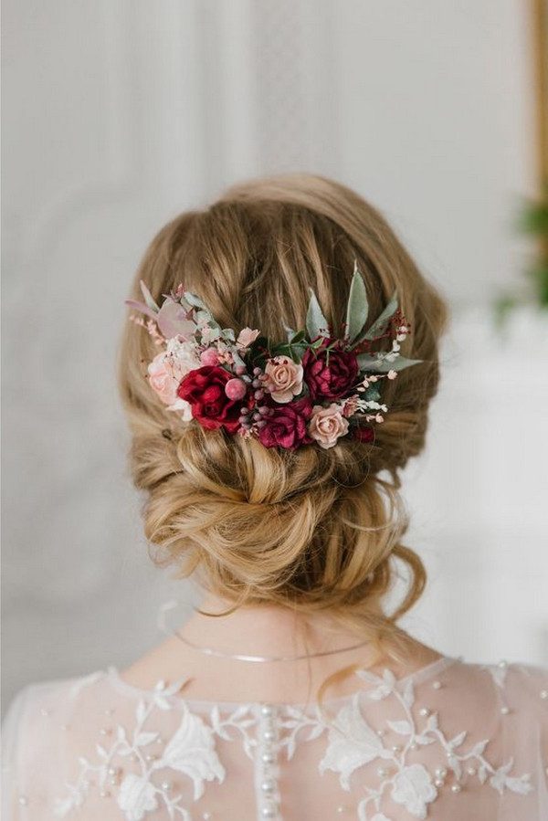 summer wedding hairstyles volume messy low bun with flowers wb_upstyles