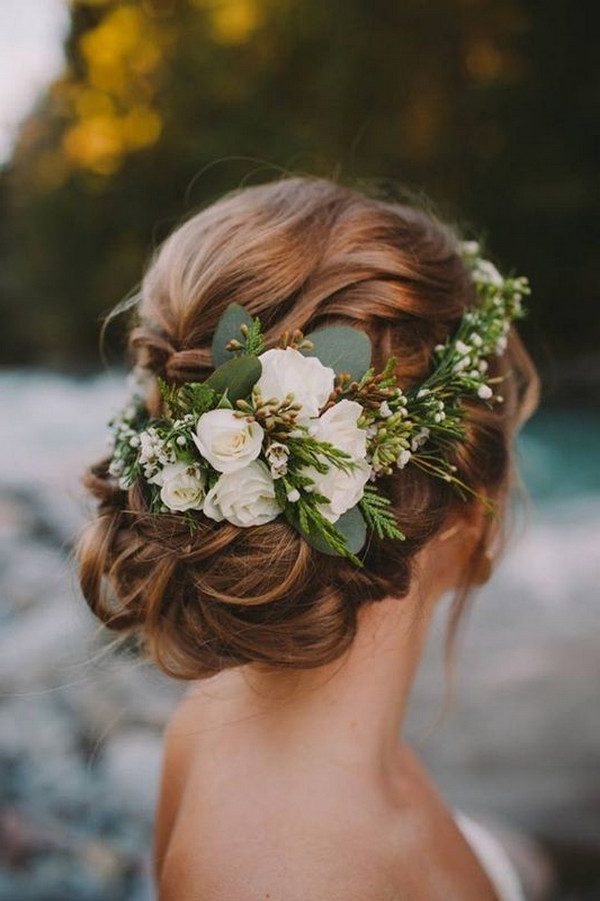 updo wedding hairstyle with flower crown