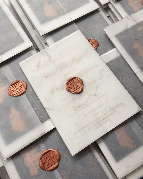 vellum paper pocket wedding invitations with copper square wax seal