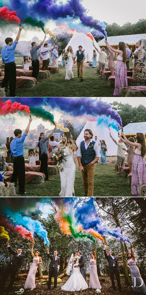 Bohemian wedding smoke bombs colored cool smoke best wedding photograhpy ideas