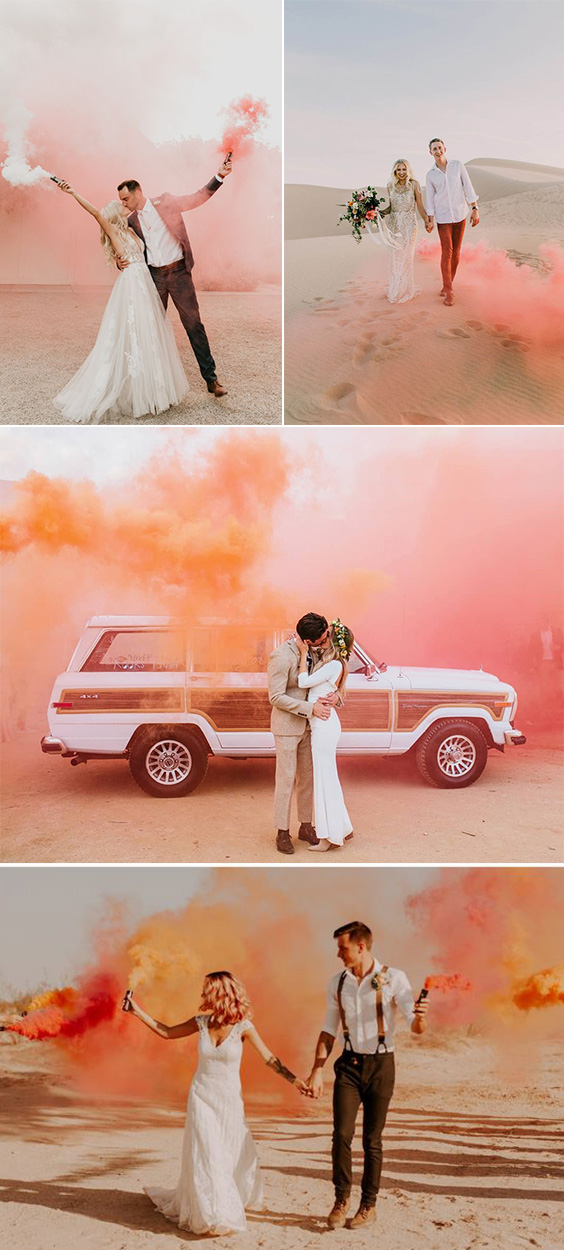 Pink wedding color trends colored smoke bonbs for fall wedding photo ideas