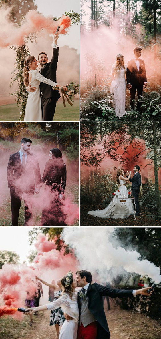 Pink wedding color trends colored smoke bonbs for fall wedding photo ideas