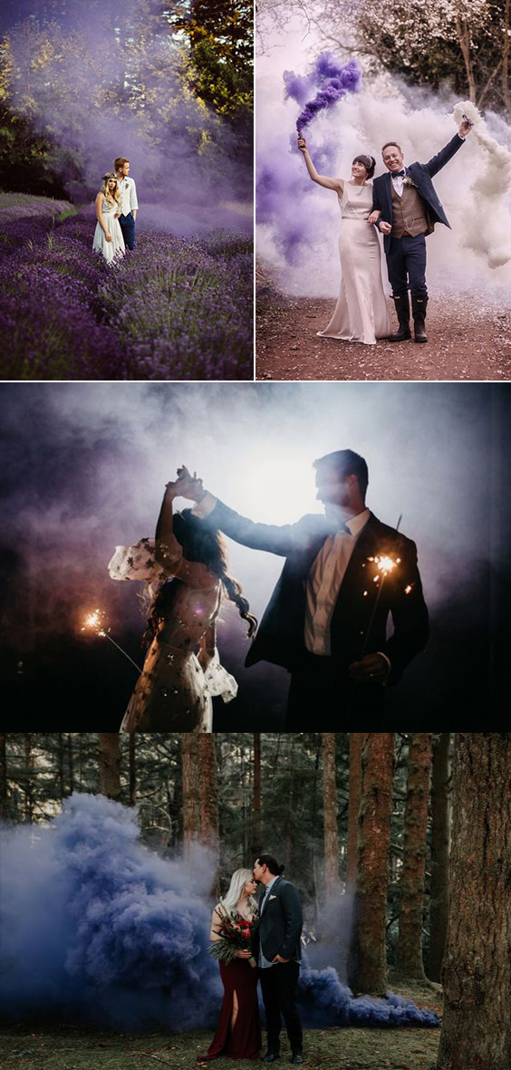 Purple wedding smoke bombs sweet bridal and broom with purple smoke wedding photo ideas