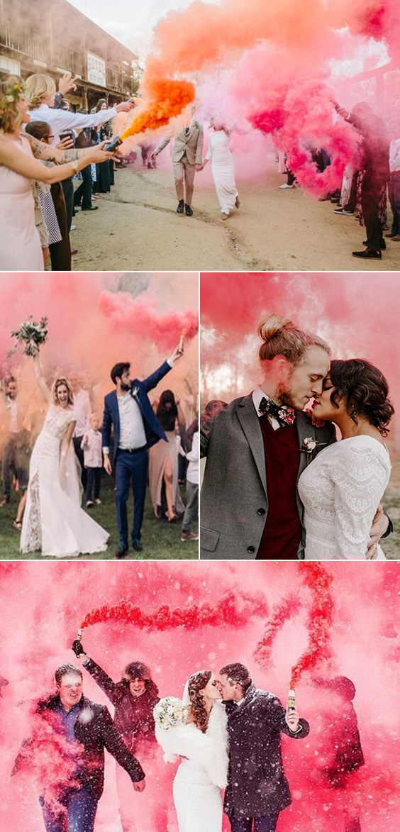 colored smoke bombs pink wedding photo ideas