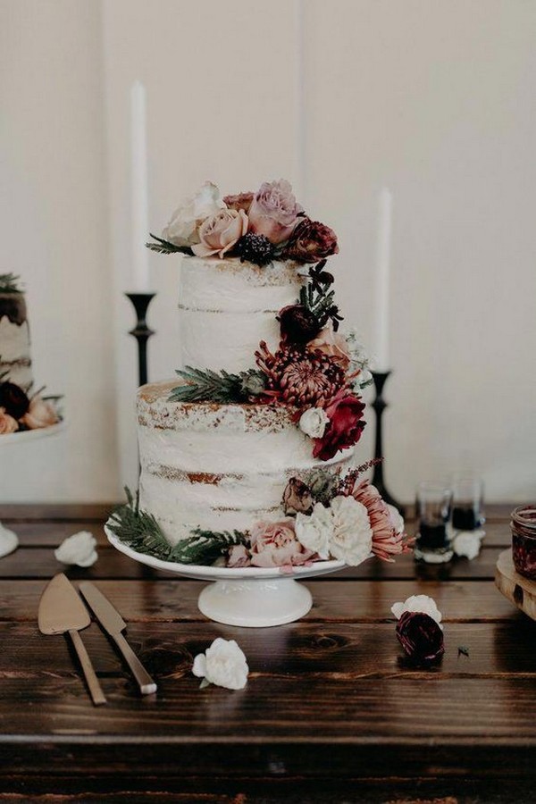 dusty rose and burgundy floral wedding cake