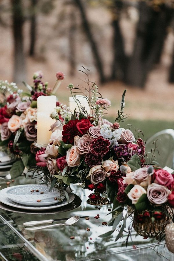dusty rose burgundy and greenery wedding centerpiece