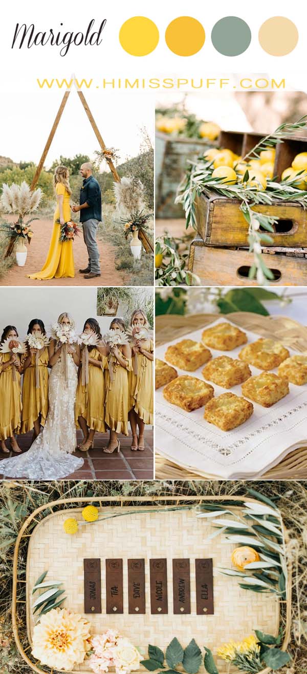 Marigold wedding ideas mix and match dusty blue bridesmaid dress greenery wedding decors for spring summer wedding
