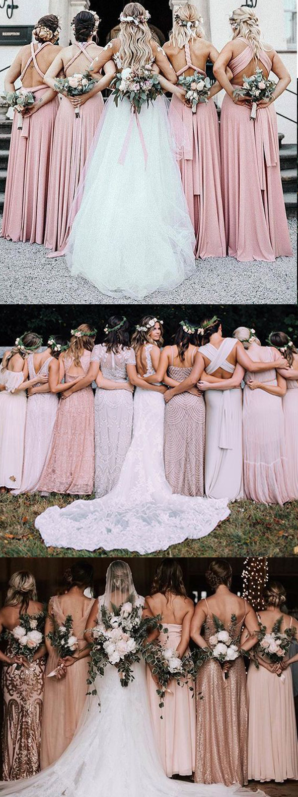 2 Pink wedding ideas beautiful bridesmaids back with colorful bouquets show their happiness