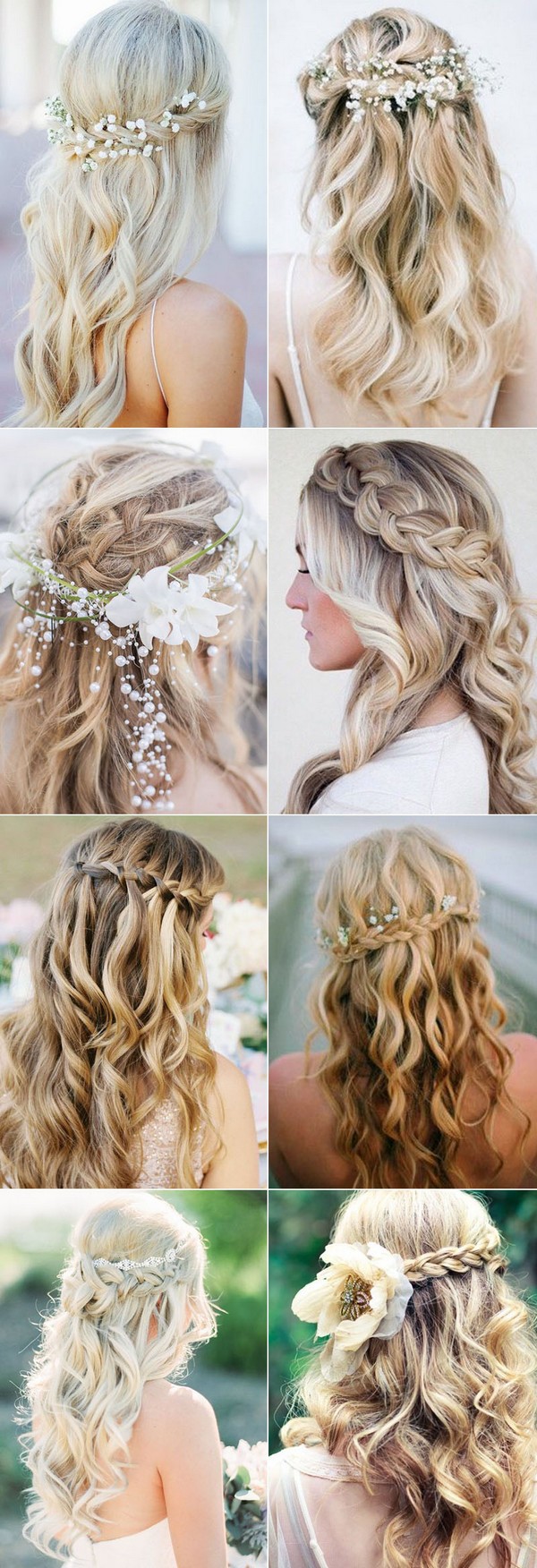 Boho long bridesmaid hair ideas soft waves beautiful waterfall braid with flower pins 2227303047
