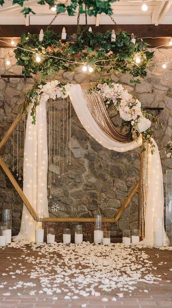Hexagon wedding arch with neutral flower geometric wedding ideas