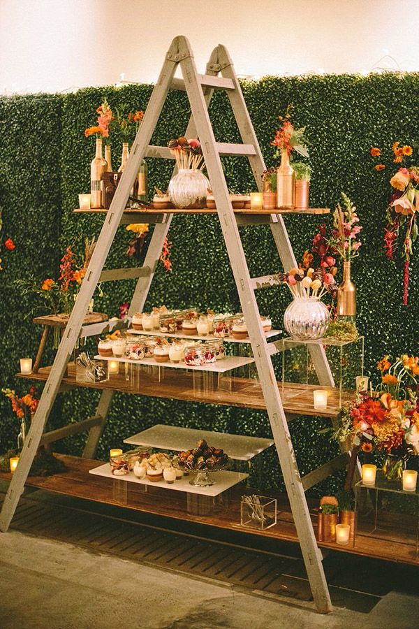 boho wedding buffet ideas with vintage ladders