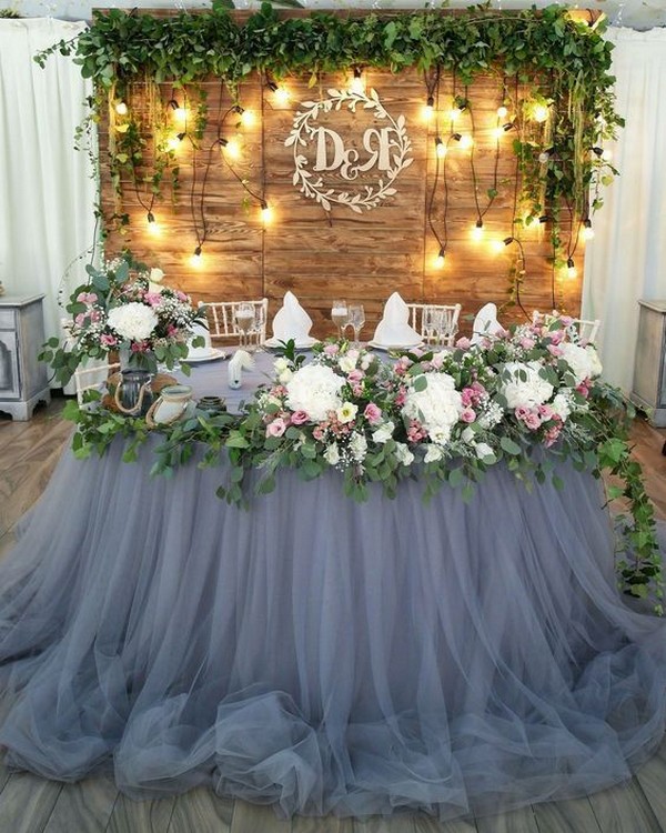 rustic dusty blue and greenery sweetheart table decor