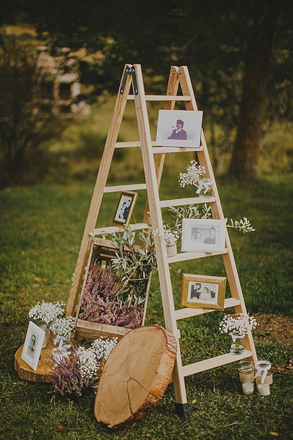 rustic ladder and tree stump welcome decor