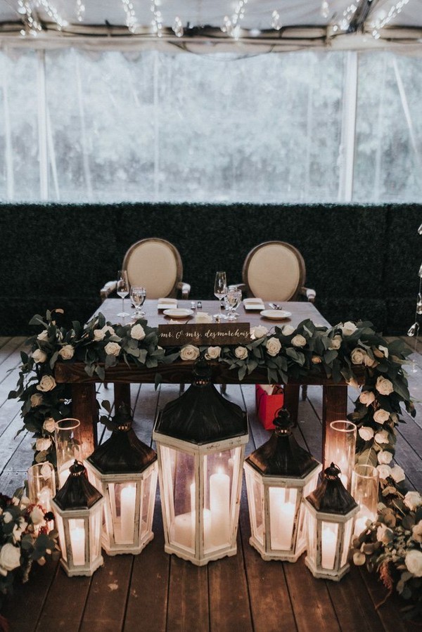 sweetheart table decor with a prominent floral table runner and oversized yet elegant candleholders