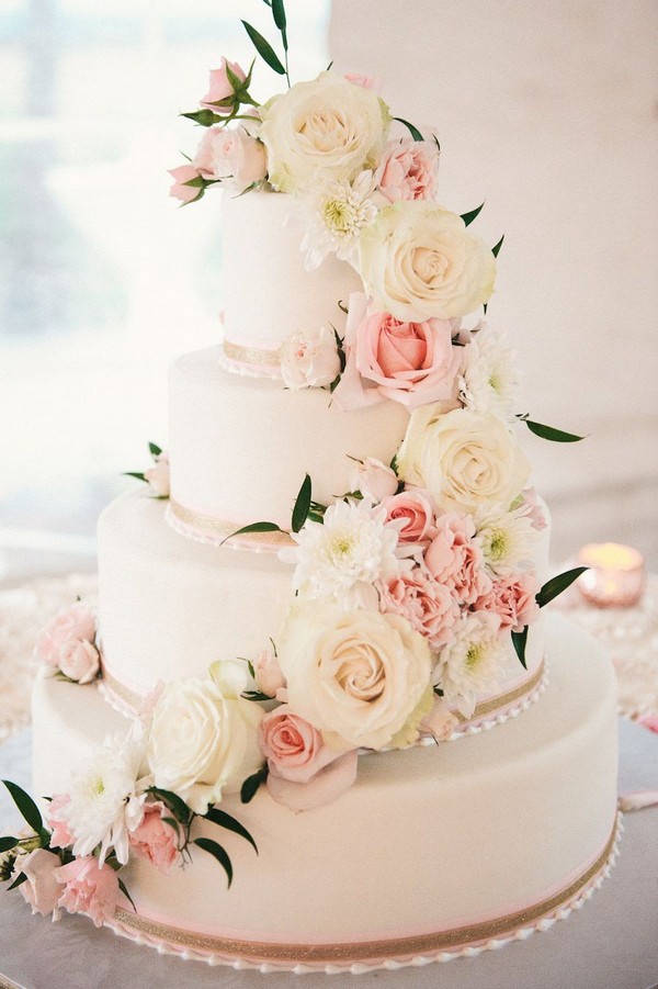 Four Tier Round White and Blush Pink Wedding Cake with Fresh Flower Roses and Pearl Decoration